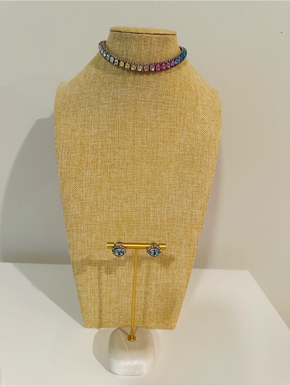 Fashion Jewelry Rainbow Crystal Choker Necklace with Matching Studs